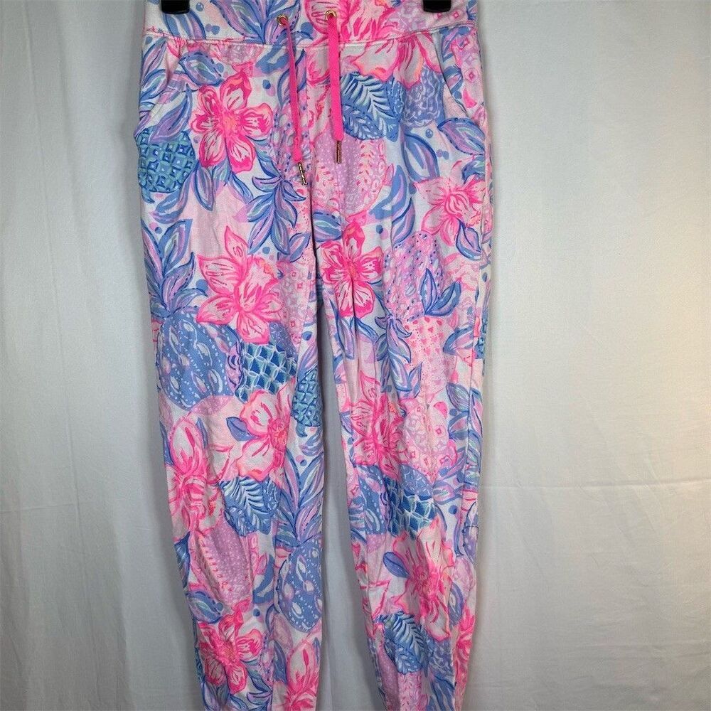 Lilly Pulitzer Jogger Pants Womens Size XS Tropical Floral Pink Blue